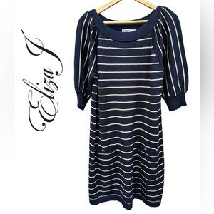 ELIZA J Striped Puff-Sleeve Sweater Dress Size M Navy Blue w Tan Nautical Pocket